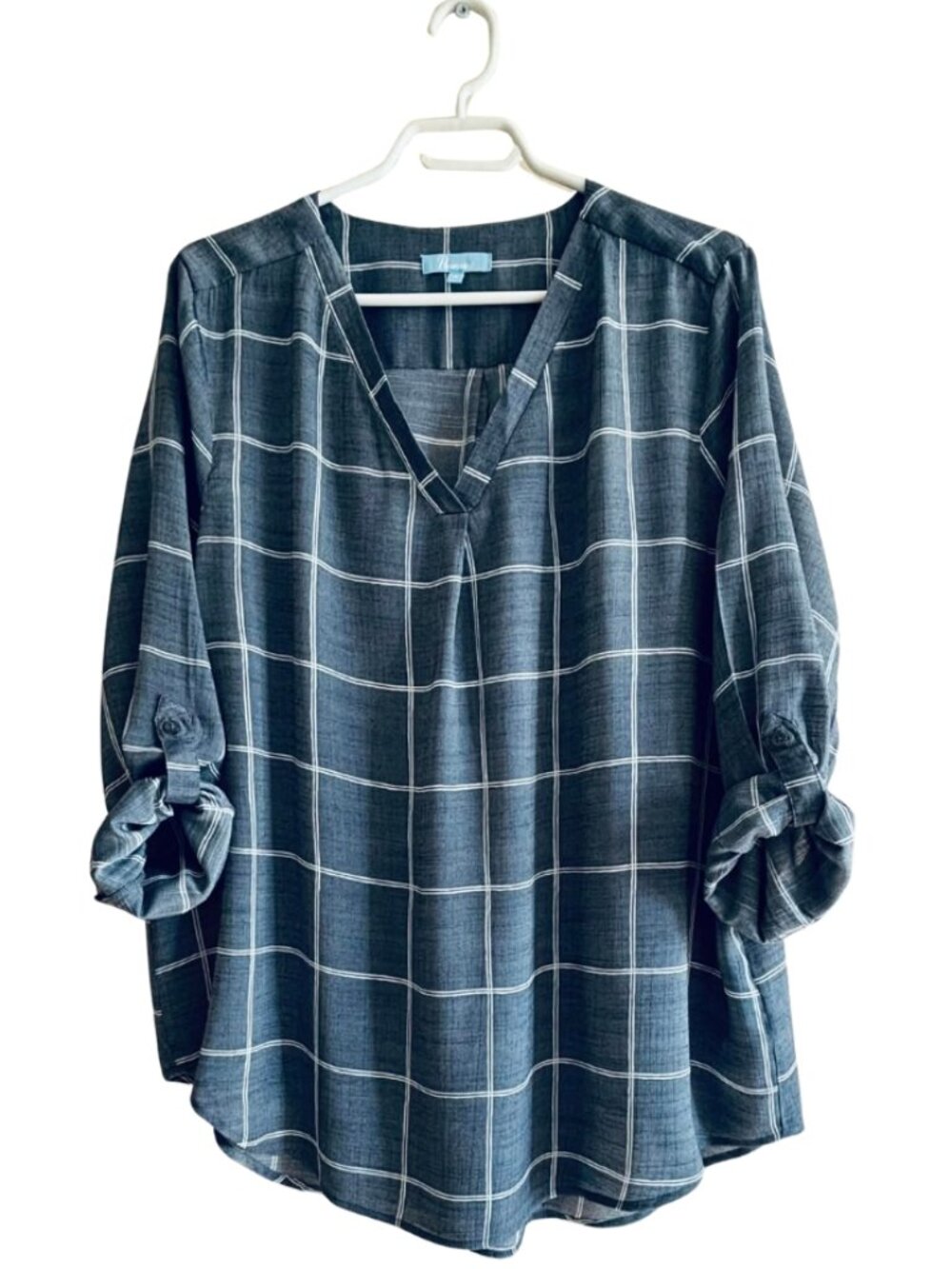 Penmans V-Neck Blouse Size 18 Blue and White Checked Roll Tab Sleeves
